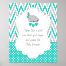 Póster Baby Shower turquesa, elefante gris blanco