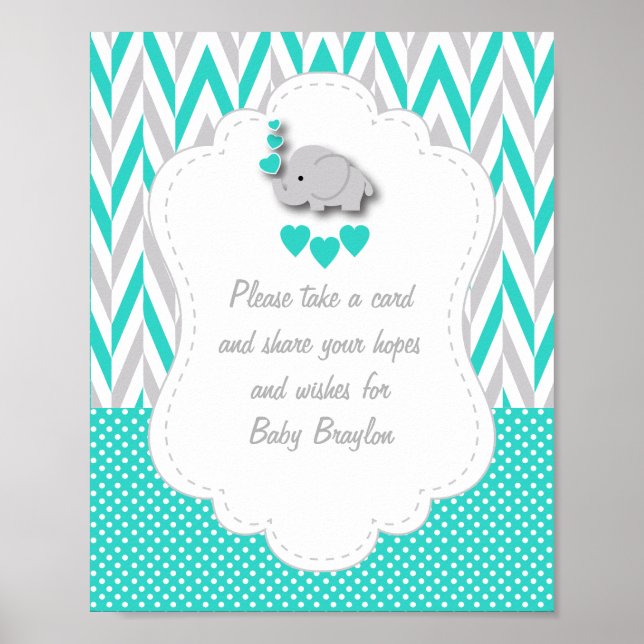 Póster Baby Shower turquesa, elefante gris blanco (Frente)