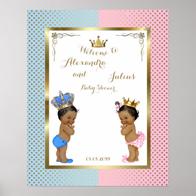Póster Baby Shower TWINS,rosa y azul,elegante,16"x20" 300 (Frente)