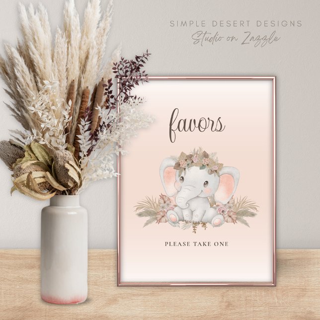 Póster Baby Shower, un elefante floral de Boho, favorece  (Cute Boho Baby Shower Favors Sign with Elephant Pampas Grass and Simple Floral Design)