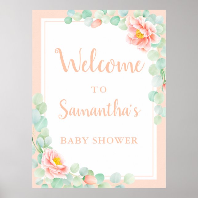 Póster Baby Shower Welcome Eucalyptus Foliage Peony Peach (Frente)