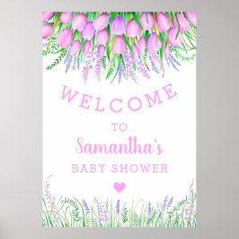 Póster Baby Shower Welcome Floral Lavanda Tulip Greenery