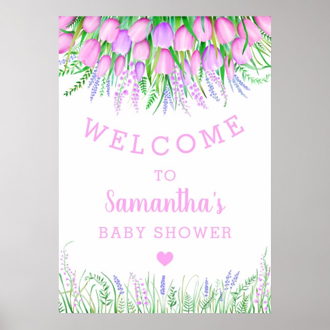 Póster Baby Shower Welcome Floral Lavanda Tulip Greenery (Frente)