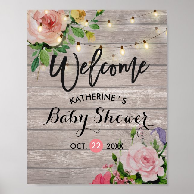 Póster Baby Shower Welcome Floral String Lights Barn Wood (Frente)