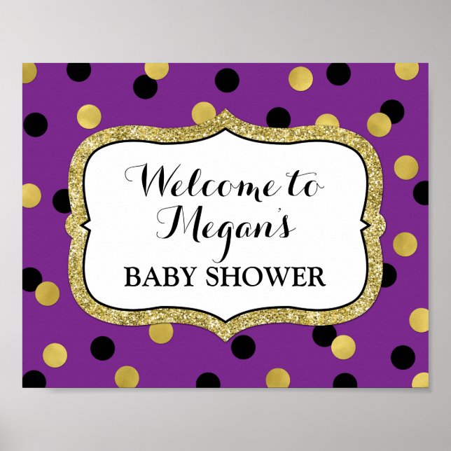 Póster Baby Shower Welcome Purple Black Gold Confetti (Frente)