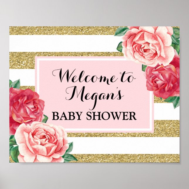 Póster Baby Shower Welcome Rubor Gold Pink Floral (Frente)