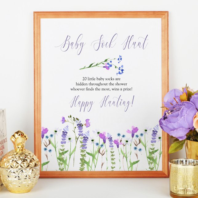 Póster Baby Sock Hunt Purple Wildflower Baby Shower Game (Baby Shower game sign from my Purple Wildflower Collection. Order printed or as a printable)