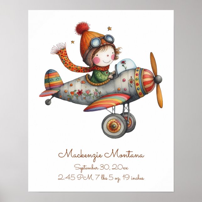 Póster Baby Stats Child Flying Plane Nursery Artwork (Frente)