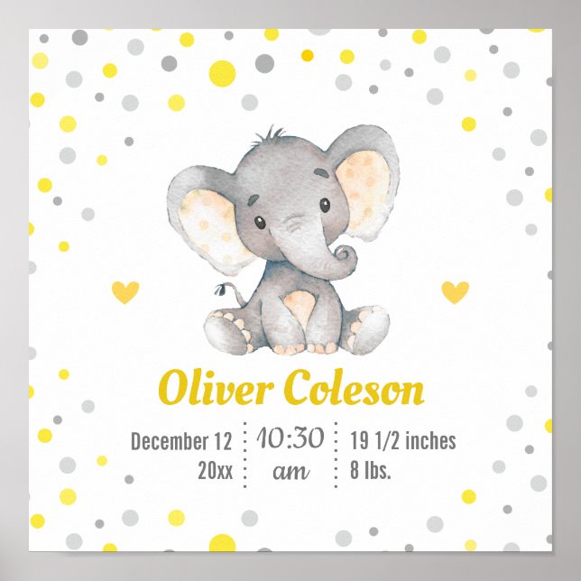 Póster Baby Stats Elephant Nursera de Punto de Polka Gris (Frente)