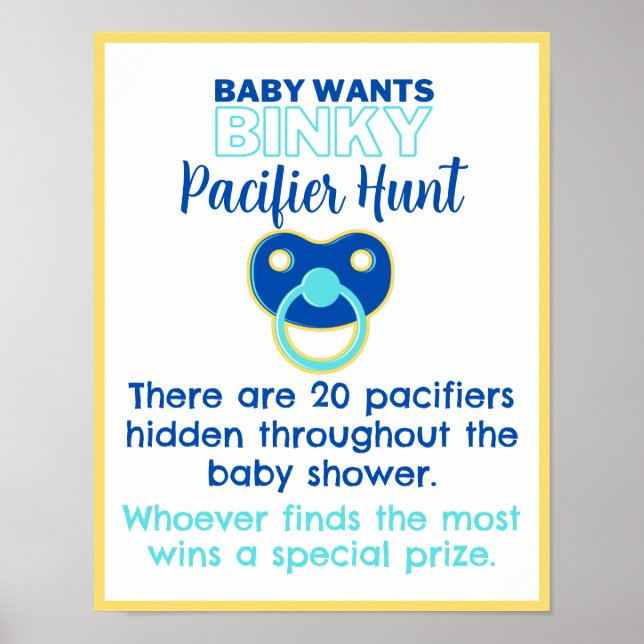 Póster Baby Wants Binky Pacifier Hunt Game Baby Shower (Frente)