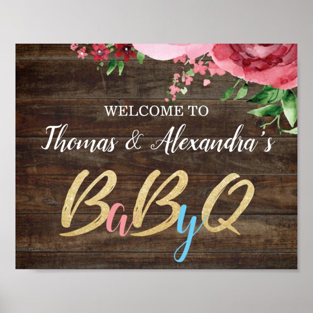 Póster BabyQ BBQ Baby Shower Welcome Sign Wood (Frente)