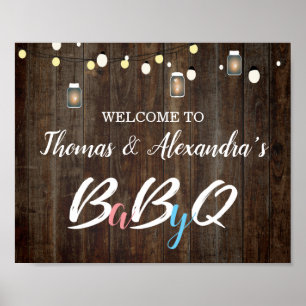 Póster BabyQ BBQ Baby Shower Welcome Sign Wood