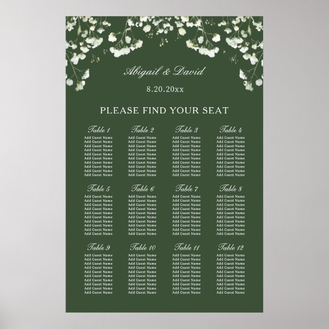 Póster Baby's Breath on Sage Green Wedding Seating Chart (Frente)