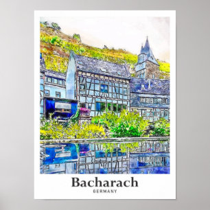 Póster Bacharach Alemania Trae mano de color de agua de v