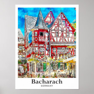 Póster Bacharach Alemania Trae mano de color de agua de v