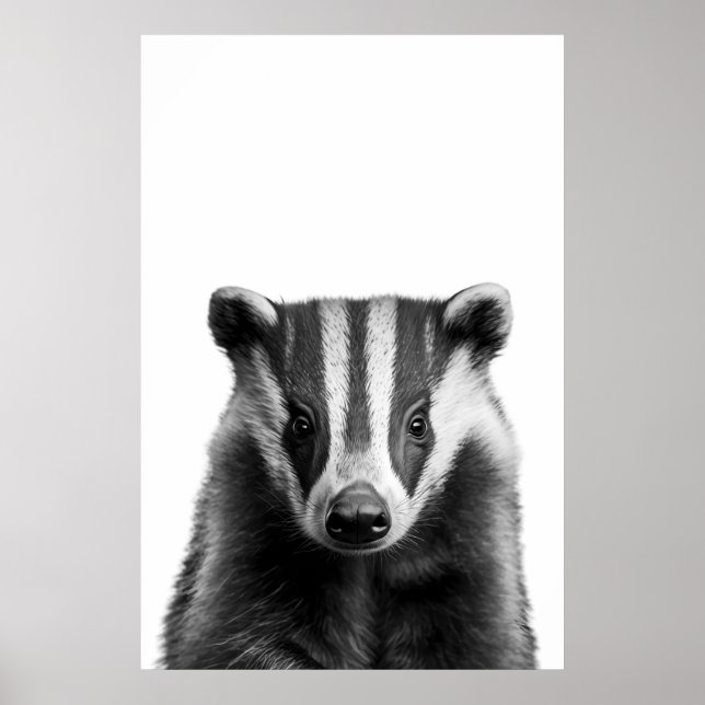 Póster Badger Woodland Retrato moderno blanco negro (Frente)