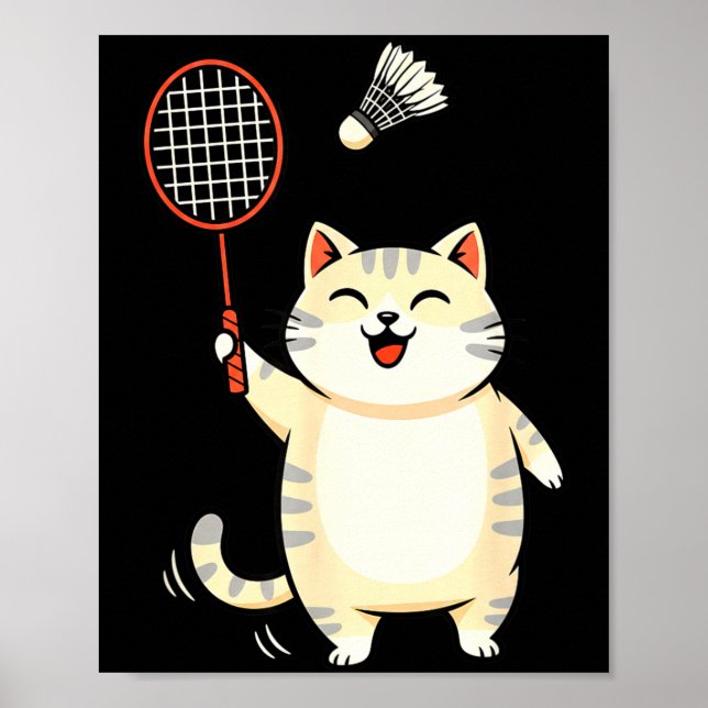 Póster Badminton Cat Cartoon Art, Funny Cat Design For Ca (Frente)
