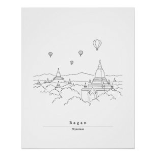 Póster Bagan Myanmar Arte de Línea Minimalista   Pagoda
