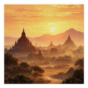 Póster Bagan Myanmar Desierto Seco Con Templos Vintage