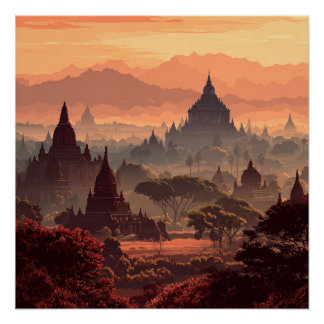 Póster Bagan Myanmar Templos Antiguos Vintage