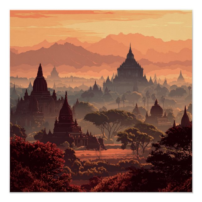 Póster Bagan Myanmar Templos Antiguos Vintage  (Anverso)