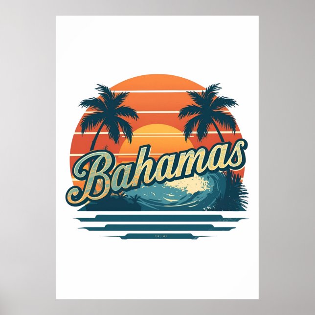 Póster Bahamas Retro Sunset Palm Trees Design (Frente)