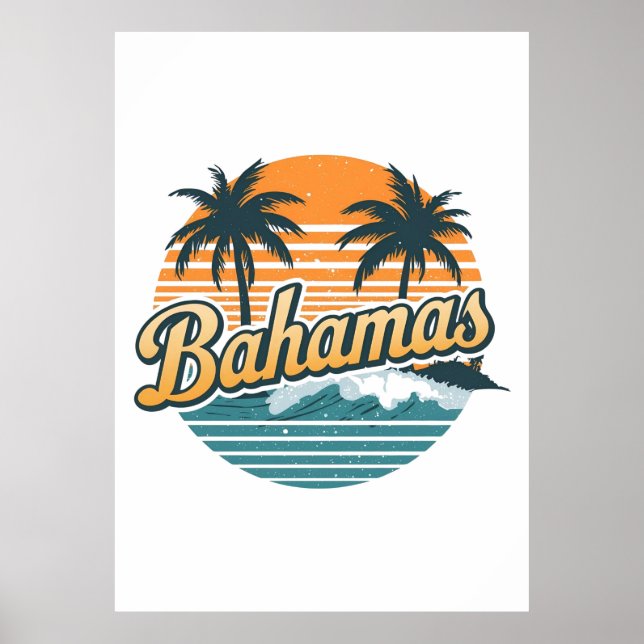 Póster Bahamas Retro Sunset Palm Trees Design (Frente)