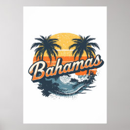 Póster Bahamas Retro Sunset Palm Trees Design
