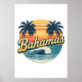 Póster Bahamas Retro Sunset Palm Trees Design