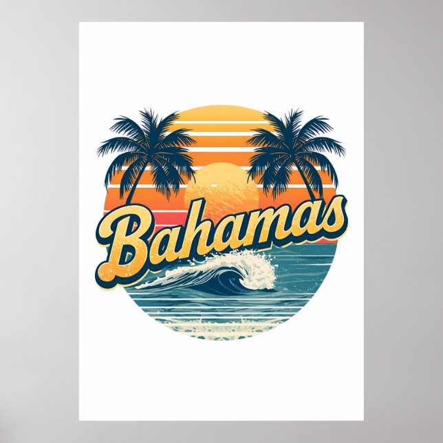 Póster Bahamas Retro Sunset Palm Trees Design (Frente)