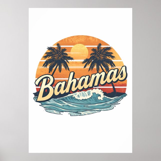 Póster Bahamas Retro Sunset Palm Trees Design (Frente)