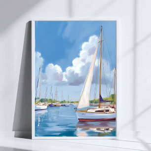 Póster Bahía de Barcos de Vela   Pintura Acuarela Costera