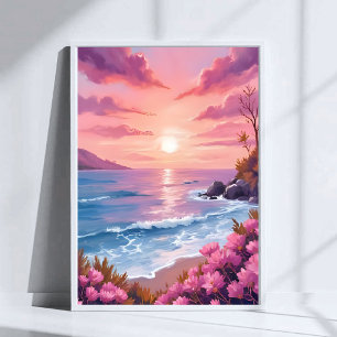 Póster Bahía de Blush Beach   Acuarela de agua rosa del a