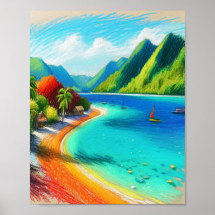 Póster Bahía de Cook, Moorea, acuarela de la Polinesia Fr