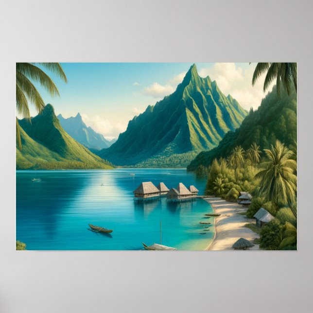 Póster Bahía de Cook, Moorea, acuarela de la Polinesia Fr (Frente)