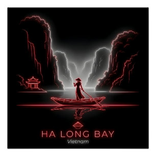 Póster Bahía de Ha Long-barca sampán de mujer vietnamita