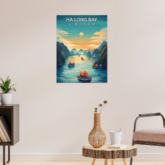 Póster Bahía de Ha Long - Cartel de viaje antiguo de Viet