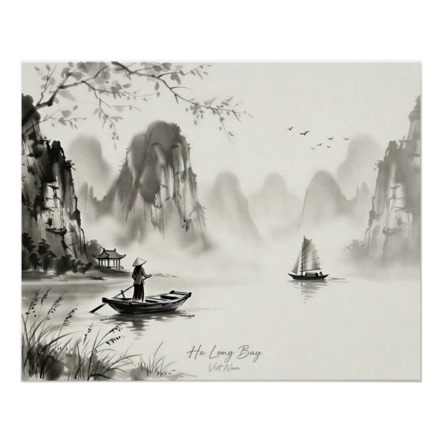 Póster Bahía de Ha Long Vietnam Paisaje a la tinta (Anverso)