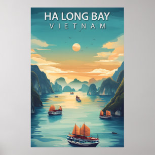 Póster Bahía de Ha Long Vietnam Retro Sudeste Asiático Co