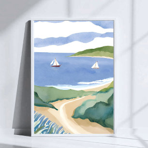 Póster Bahía de Narragansett   Acuarela de barco de vela 
