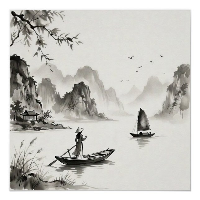Póster Bahía Ha Long Vietnam Paisaje a la tinta (Anverso)