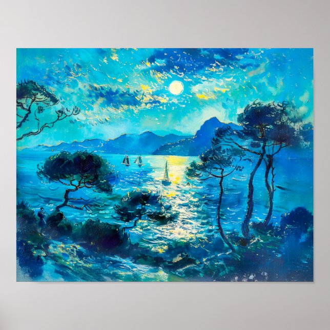 Póster Bahía Monlit con nocturne impresionista de barcos (Frente)