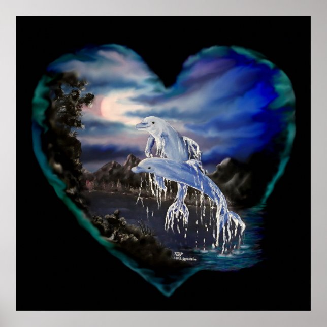 Póster Bahía por la noche, amor a los delfines (Frente)