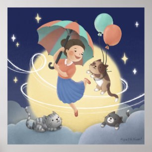 Póster Bailando con gatos en la noche a la luz de la luna