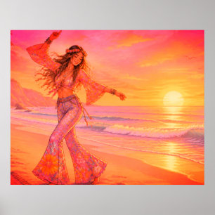 Póster Bailando en la playa bajo la puesta de sol en una