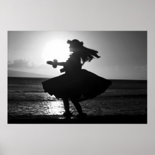 Póster Bailarín hawaiano blanco y negro de Hula