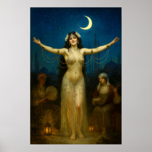 Póster Bailarina de estilo orientalismo retro bajo la lun