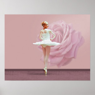 Póster Bailarina en blanco con color de rosa rosado