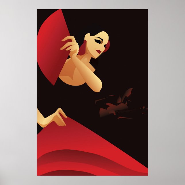 Póster Bailarina española de flamenco con ventilador, neg (Frente)