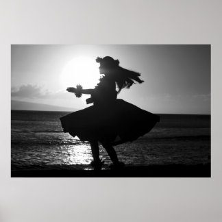 Póster Bailarina hula negra y blanca de Hawaii